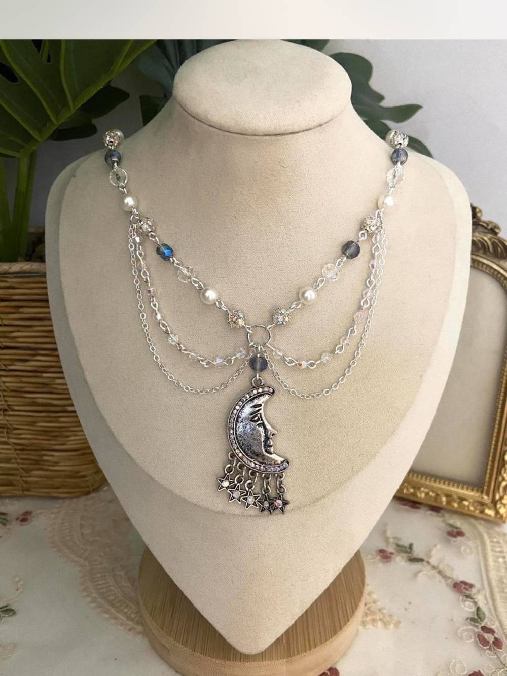 Silver Moon & Star Layered Necklace with Pearl Accents